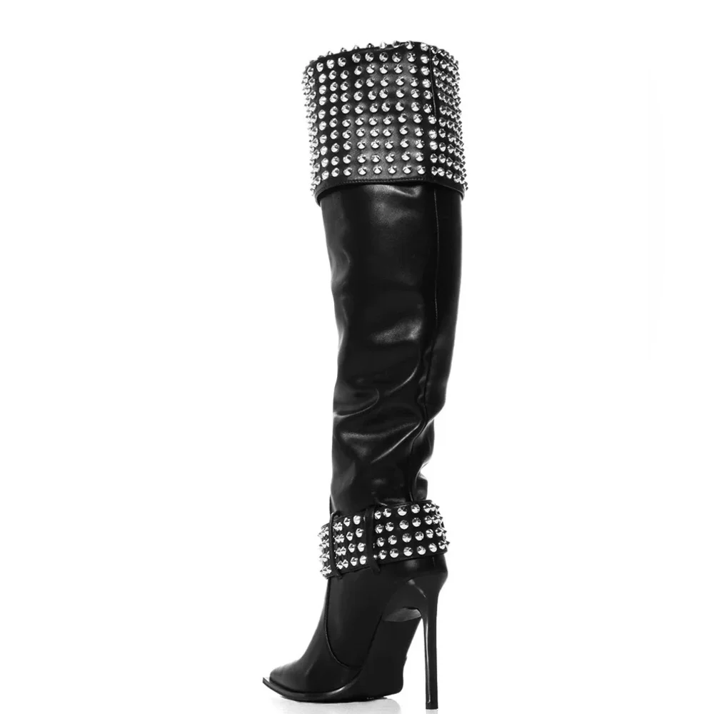 AZALEA WANG Black Vegan Leather & Silver Studded Over the Knee Boots